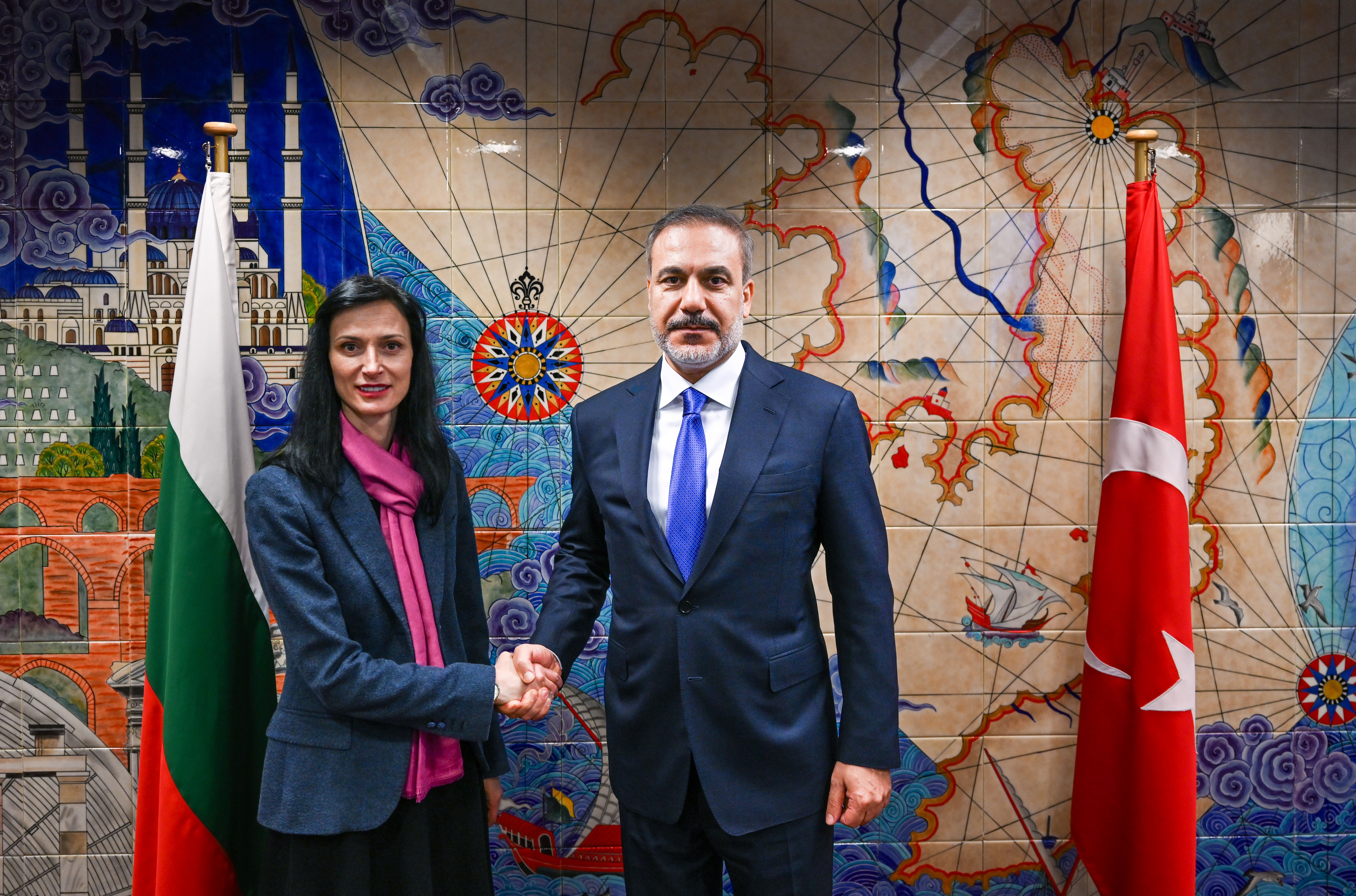 Turkish Foreign Minister Hakan Fidan (R) meets with his Bulgarian counterpart Mariya Gabriel (L) within the scope of the NATO Foreign Ministers Meeting in Brussels, Belgium on April 03, 2024